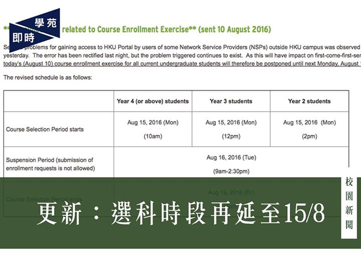 更新：選科時段再延至15/8 【學苑即時】12:54 資訊科技服務（ITS）於網站發通告［1］，因有同學反映8月12日為新生註冊日（Registration Day），故ITS再次將選科時段延至8月15日，詳情如下。 日期：8月15日（一） 時間：10:00（4年級及以上同學） 12:00（3年級） 14:00 （2年級） 至8月19日下午4時止…