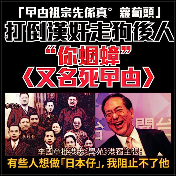 「漢奸走狗後人你蟈蟑絕冇資格做港大校痿主席，馬上辭職落台吧」~！ 有歷史指，死曱甴祖宗李阿爺同李叔公喺1942年參加日本總督磯谷廉介所成立的兩華會做漢奸走狗係舊時出晒名啦！