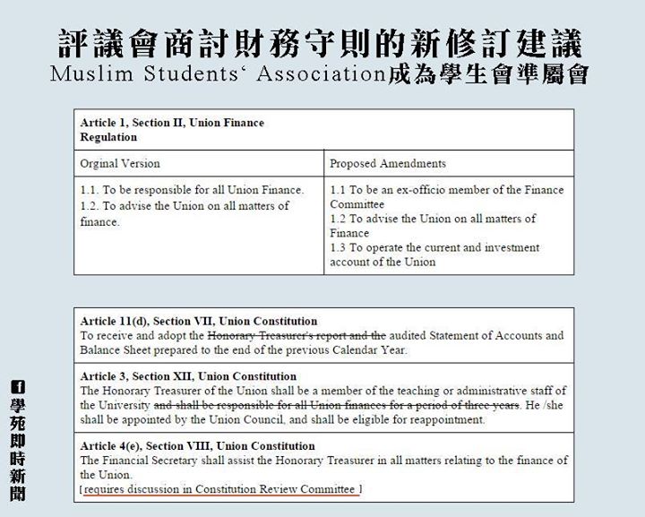 評議會消息：評議會商討財務守則的新修訂建議   Muslim Students‘ Association 成為學生會準屬會