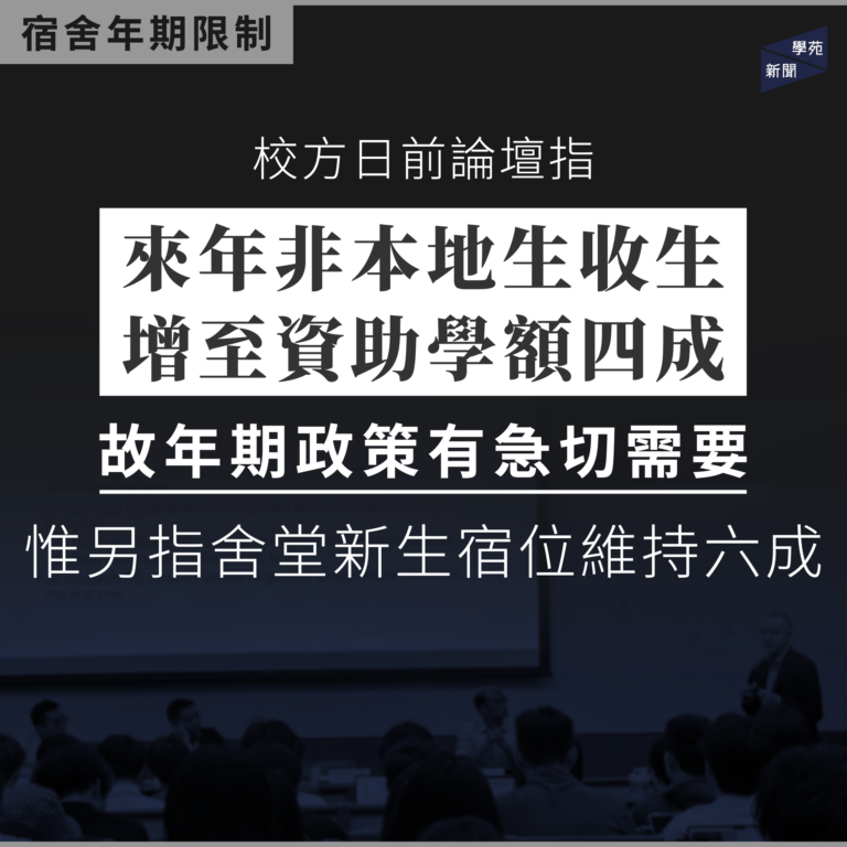 宿舍年期限制：校方日前論壇指來年非本地生收生增至資助學額四成 故年期限制有急切需要 惟另指舍堂新生宿位維持六成