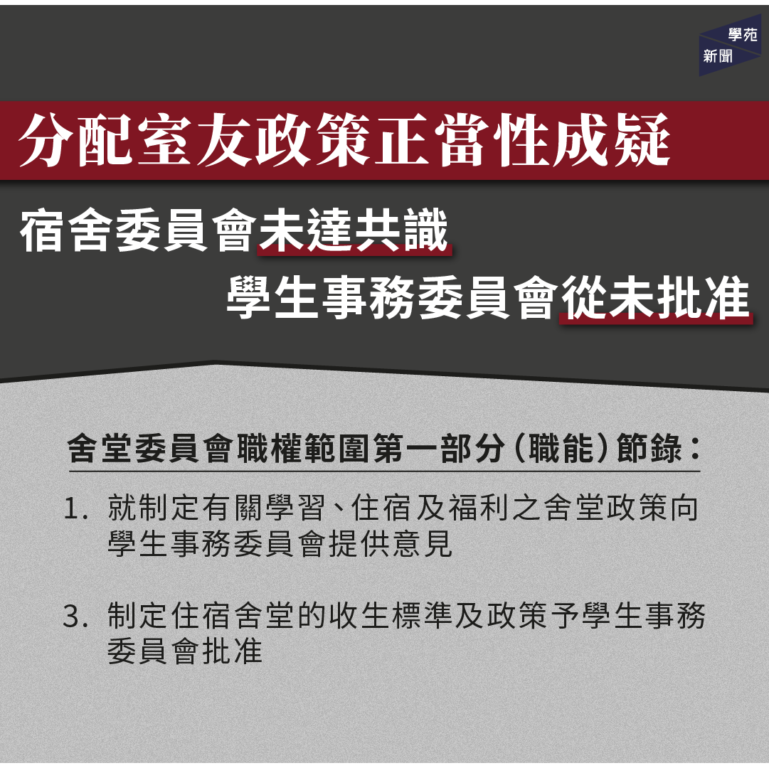 分配室友政策正當性成疑 宿舍委員會未達共識 學生事務委員會從未批准