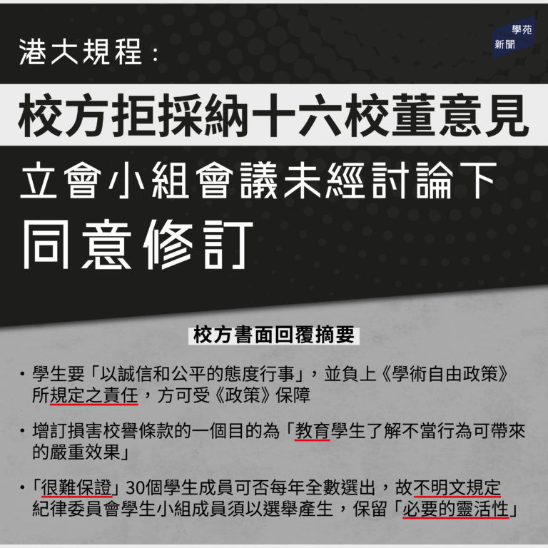 港大規程：校方拒採納十六校董意見 立會小組會議未經討論下同意修訂