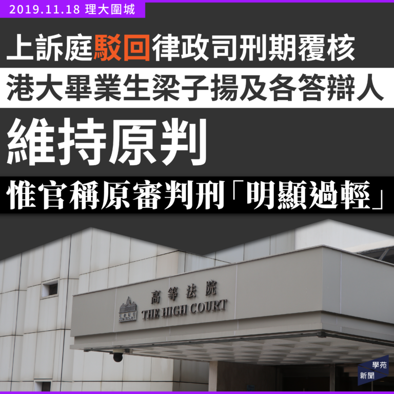 上訴庭駁回律政司刑期覆核 港大畢業生梁子揚及各答辯人維持原判 惟官稱原審判刑「明顯過輕」