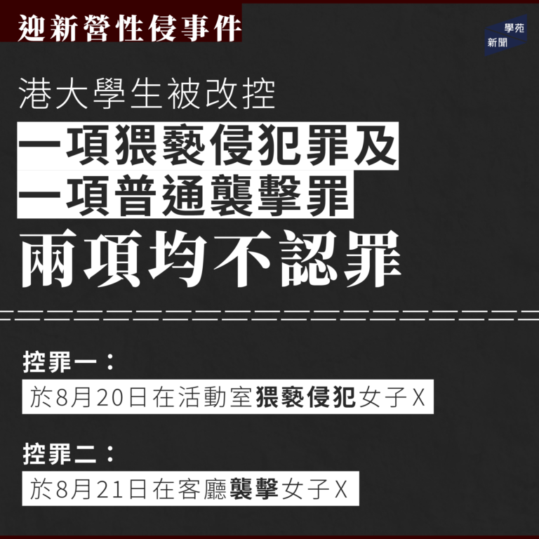 迎新營性侵事件：港大學生被改控一項猥褻侵犯罪及一項普通襲擊罪 兩項均不認罪