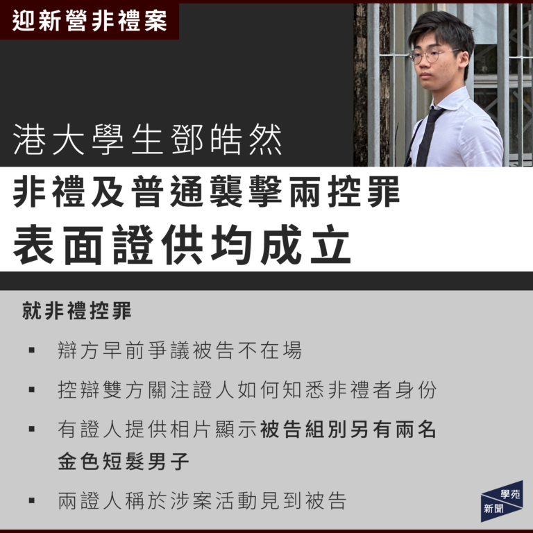 迎新營非禮案：港大學生鄧皓然非禮及普通襲擊兩控罪表面證供均成立