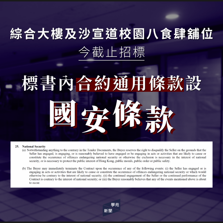 綜合大樓及沙宣道校園八食肆舖位今截止招標 標書內合約通用條款設國安條款