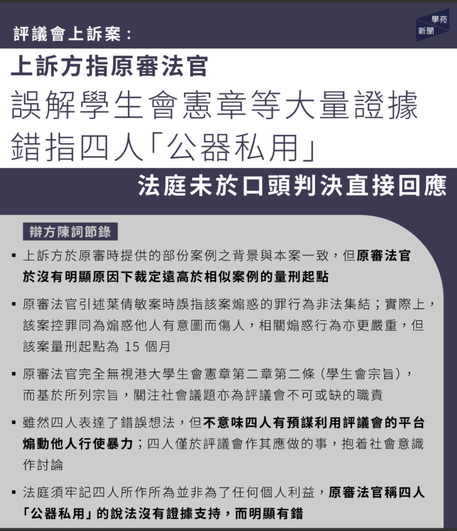 評議會上訴案：上訴方指原審法官誤解學生會憲章等大量證據 錯指四人「公器私用」 法庭未於口頭判決直接回應