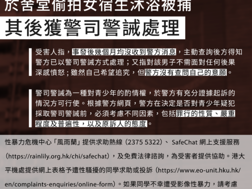 港大暑期課程中學生於舍堂偷拍女宿生沐浴被捕 其後獲警司警誡處理