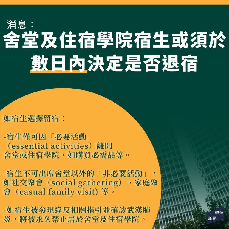 消息：舍堂及住宿學院宿生須於數日內決定是否退宿