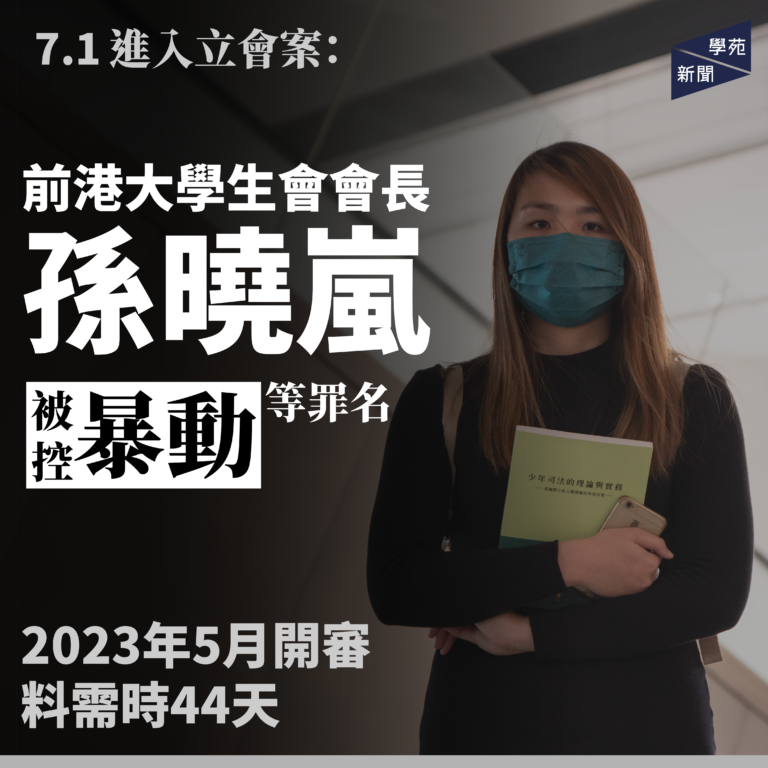 7.1進入立會案： 前香港大學學生會會長孫曉嵐被控暴動等罪名 2023年5月開審 料需時44天