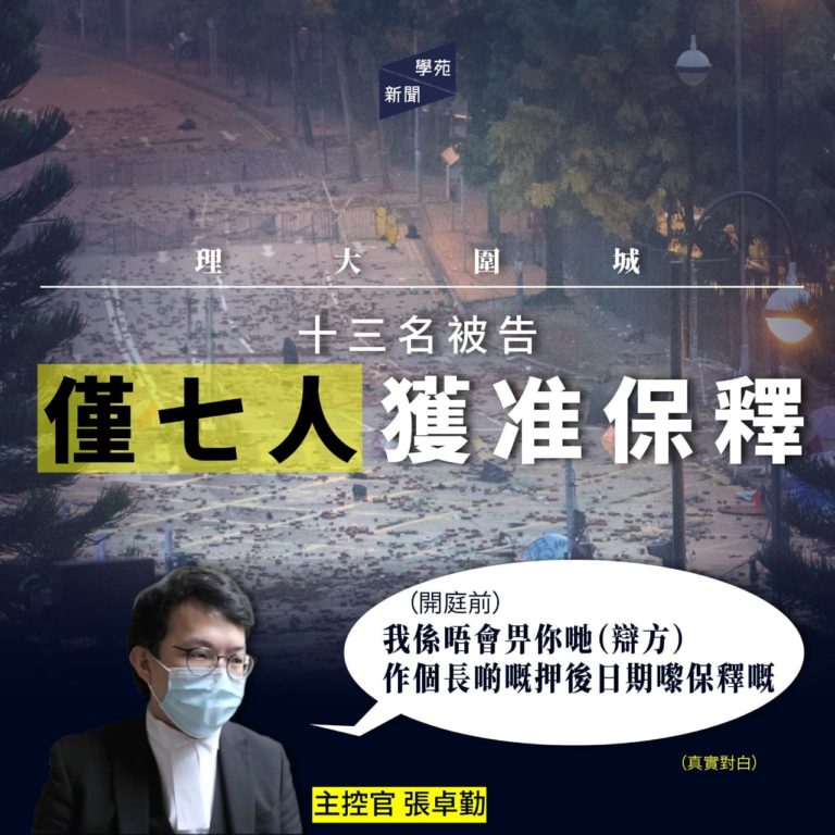 理大圍城：十三名被告僅七人獲准保釋 主控官張卓勤：「我係唔會畀你哋（辯方）作個長啲嘅押後日期嚟保釋嘅」